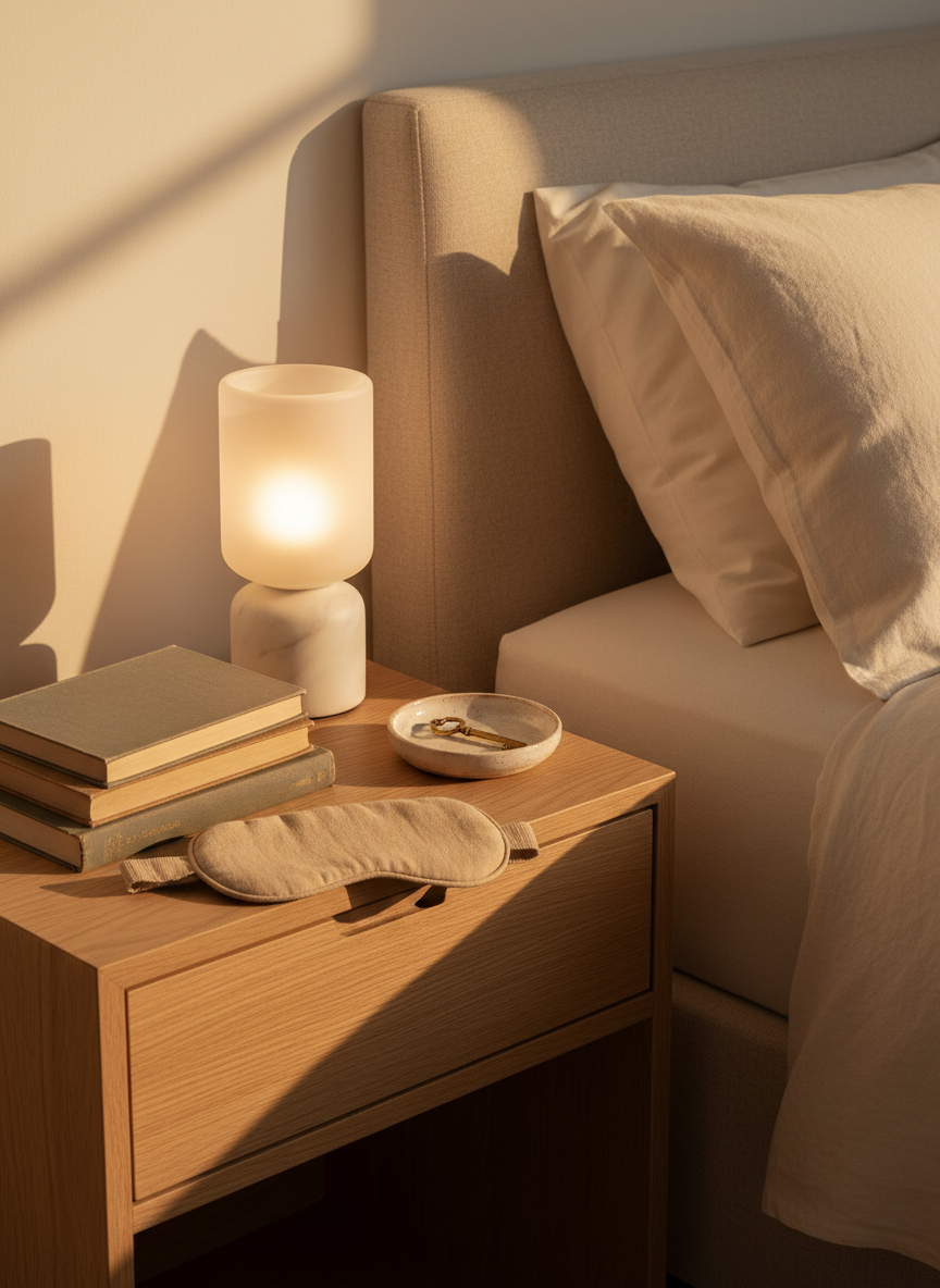 A neatly styled bedside vignette symbolizing restful, unhurried evenings, with a low-profile light oak nightstand beside a simple upholstered bed in warm ivory linen. Atop the nightstand rests a softly glowing frosted glass lamp, a small stack of well-worn hardcover books in muted earth tones, and a delicate ceramic dish holding a single gold key. A linen eye mask is folded carefully near the edge. Warm, diffused golden hour light seeps through off-frame curtains, creating soft highlights on the fabric textures and gentle shadows behind objects. Photographic realism, slightly elevated angle, rule-of-thirds composition, and a serene, sophisticated mood convey evening routines, winding down, and intentional rest for a balanced life.