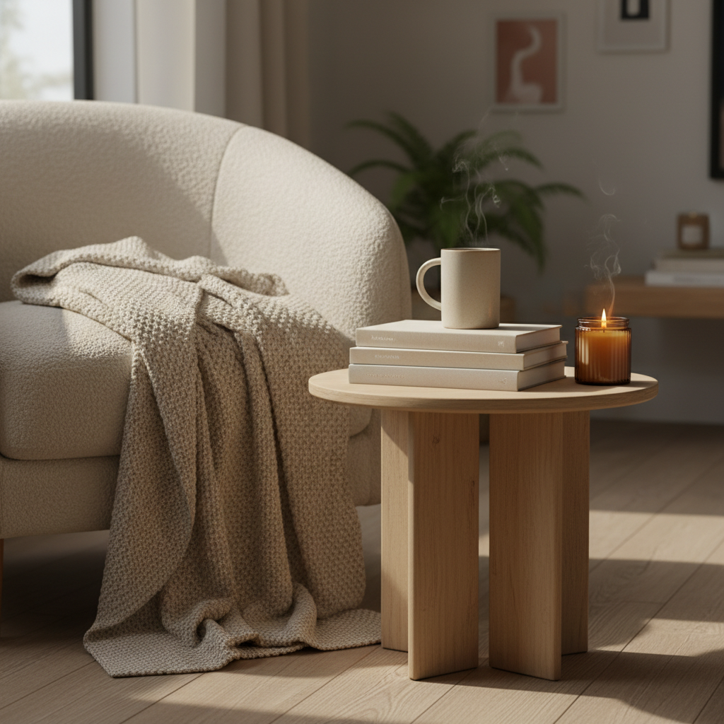 A cozy reading corner built around a low, light-wood side table holding a stack of three carefully chosen hardback books in soft neutral covers, a slender sand-colored ceramic mug of herbal tea, and a small amber glass candle with a just-lit flame. The table sits beside an oversized, textured armchair draped with a folded oatmeal-colored throw blanket. Natural afternoon light pours in from a nearby window, creating warm highlights on the book spines and soft, elongated shadows on the wooden floor. Photographic realism with a three-quarter angle and medium depth of field, keeping the vignette sharp while the background of a calm, uncluttered living room fades gently. The atmosphere is sophisticated, inviting, and deeply restful, embodying slow living and quiet self-care at home.
