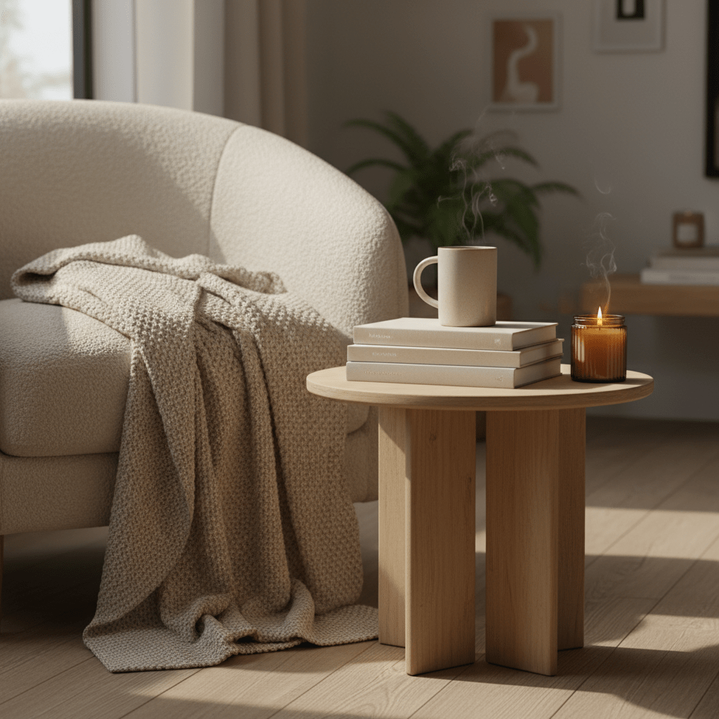 A cozy reading corner built around a low, light-wood side table holding a stack of three carefully chosen hardback books in soft neutral covers, a slender sand-colored ceramic mug of herbal tea, and a small amber glass candle with a just-lit flame. The table sits beside an oversized, textured armchair draped with a folded oatmeal-colored throw blanket. Natural afternoon light pours in from a nearby window, creating warm highlights on the book spines and soft, elongated shadows on the wooden floor. Photographic realism with a three-quarter angle and medium depth of field, keeping the vignette sharp while the background of a calm, uncluttered living room fades gently. The atmosphere is sophisticated, inviting, and deeply restful, embodying slow living and quiet self-care at home.