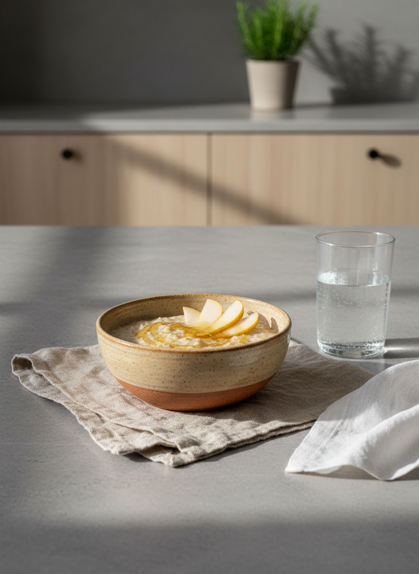 A ceramic breakfast bowl in warm sand tones filled with simple oatmeal, topped with neatly sliced pear and a drizzle of honey, sits on a natural linen placemat atop a smooth stone-gray kitchen island. Beside it, a clear glass of filtered water and a folded cotton napkin rest in harmonious balance. Gentle early daylight streams in from an unseen side window, creating a soft, diffused illumination and subtle shadows that emphasize the bowl’s texture. Photographic realism, shot at eye level with a calm, uncluttered background of pale cabinetry and a single potted herb plant in soft focus. The mood is unhurried and nurturing, suggesting a mindful, slow morning ritual designed for busy women seeking grounded nourishment.