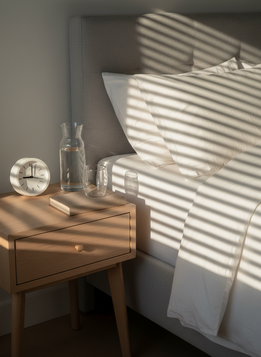 An uncluttered bedside table made of pale oak, featuring a small analog alarm clock with a matte white face, a glass carafe of water with a matching tumbler, and a closed linen-bound book in muted taupe. Behind them, crisp white bedding with a slight rumple meets a padded headboard in soft dove gray. Late afternoon natural light falls through partially open blinds, creating elegant stripes of light and shadow across the scene. Photographic realism with a clean, modern style, captured from a slightly elevated angle following the rule of thirds, conveying a mood of winding down, digital detox, and intentional evening routines for a slower, more balanced life.