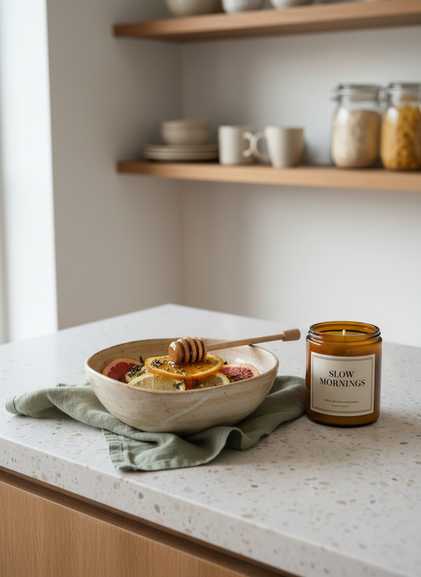 A serene kitchen countertop of light terrazzo, holding a single handcrafted ceramic bowl filled with sliced citrus, herbal tea leaves, and a wooden honey dipper resting on a linen napkin in muted sage. Nearby, an amber glass jar candle is unlit, with a simple cream label and black serif typography. In the softly blurred background, open shelving displays neatly arranged neutral-toned ceramics and glass jars of pantry staples. Diffused morning light streams through an unseen window, illuminating subtle textures and casting soft, rounded shadows. Photographic realism with a refined, sophisticated feel, shot from a three-quarter angle with shallow depth of field, evoking slow mornings, nourishing rituals, and intentional self-care.
